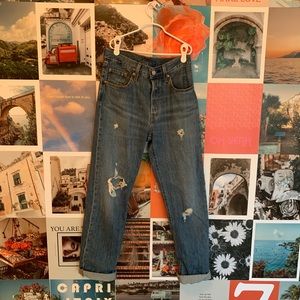 Medium denim distressed high waisted mom jeans